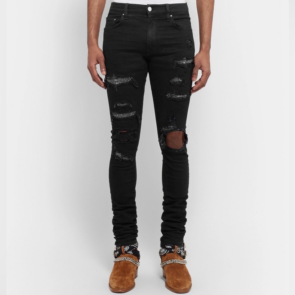 AMIRI - Crystal Thrasher Skinny-Fit Embellished Distressed Stretch-Denim Sz 34